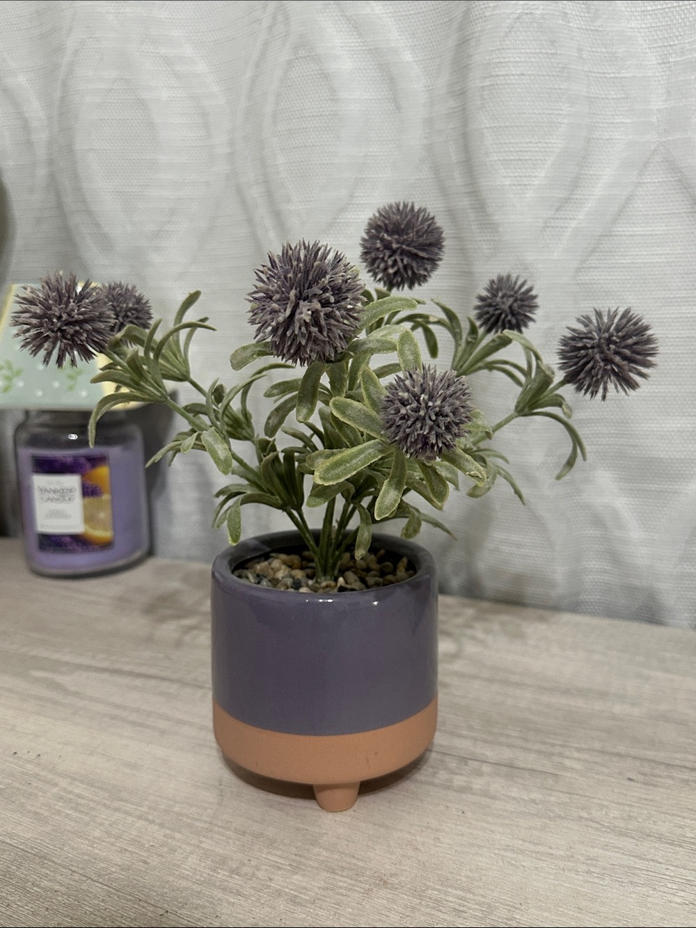 Purple Faux Globe Thistle in Two-Tone Ceramic Planter